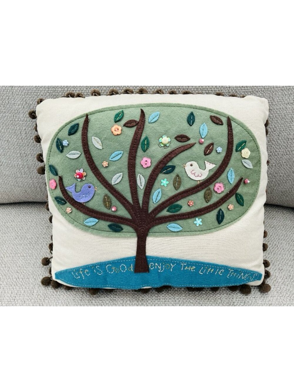 Whimsical Bird Tree Applique Throw Pillow Life Is Good 12x10 Pom Trim